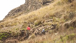 A  Ecuadorian woman plants with her child beside