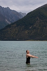 Amy Goes for a Dip in Lake Hawea at Lunch on the Ride from Boundary Hut to Dingleburn Station