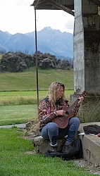 Angie Practices her Ukulele at Dingleburn Station on the Land of the Long White Cloud Ride with Wild Womens Expeditions and Adventure Horse Trekking New Zealand