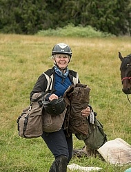 Kathy Loading up to Leave Dingleburn Station on the Land of the Long White Cloud Ride with Wild Womens Expeditions and Adventure Horse Trekking New Zealand