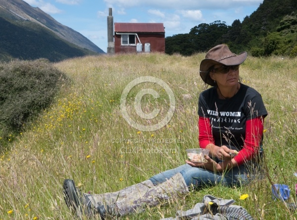 Megan at Lunch on the day Ride From Boundary Hut, Wild Womens Expeditions with Adventure Horse Trekking New Zealand