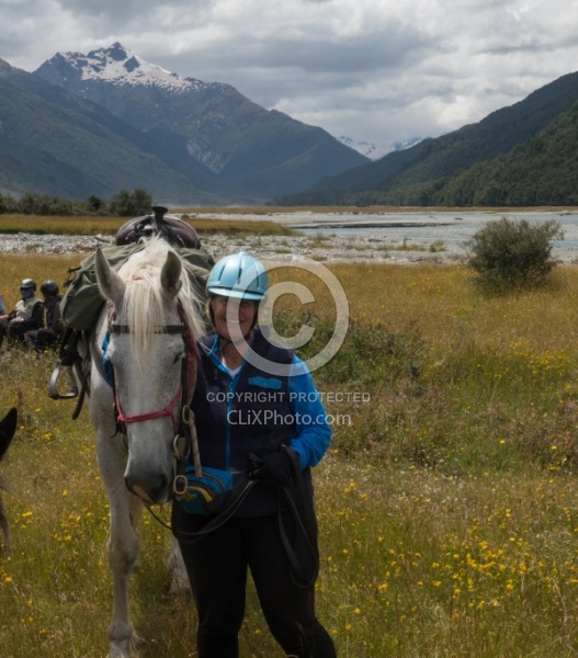 Heather and Cloud Before the Day Ride at Boundary Hut, Wild Womens Expeditions with Adventure Horse Trekking New Zealand