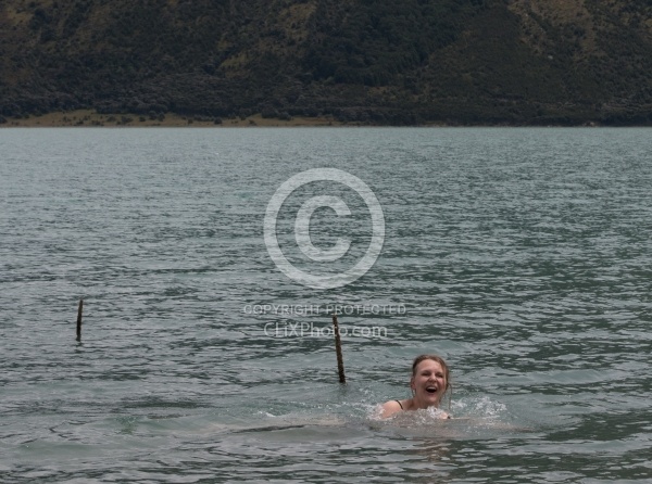 Amy Goes for a Dip in Lake Hawea at Lunch on the Ride from Boundary Hut to Dingleburn Station