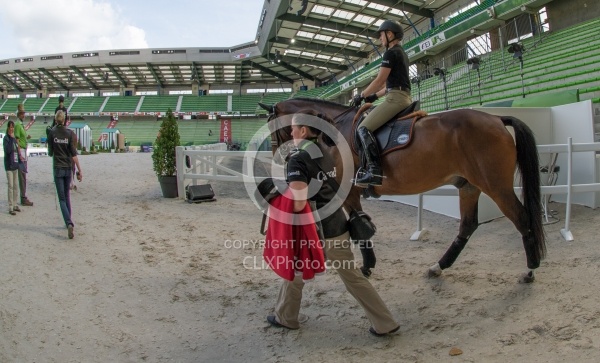 Belinda Trussell and Anton get used to the man ring on warm up day WEG 2014 Normandy